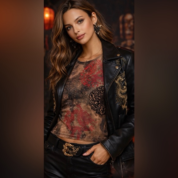 MEXX Dragon Tattoo Mesh Top Y2K Sheer Long Sleeve Size S - Picture 2 of 4